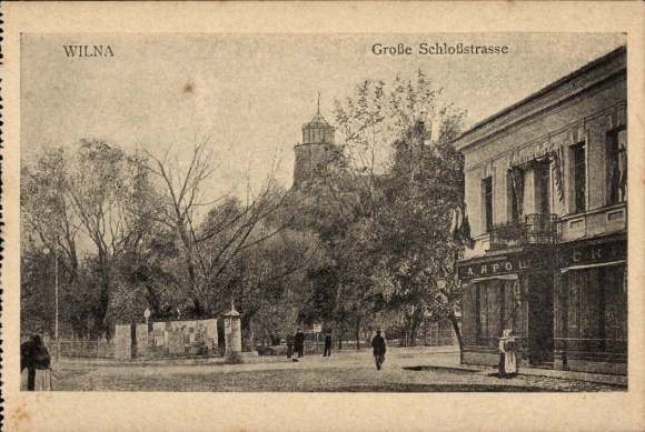 Postcard Vilnius Wilna Lithuania, WILNA, Great Castle Street, buildings, trees, people