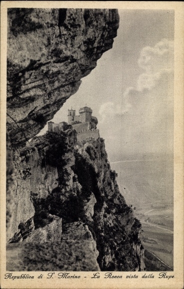 Postcard San Marino, La Rocca seen from the cliff