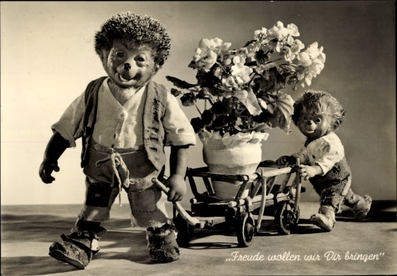 Postcard Mecki the hedgehog, All the best, all beautiful things, hedgehog child, flowers on a wagon