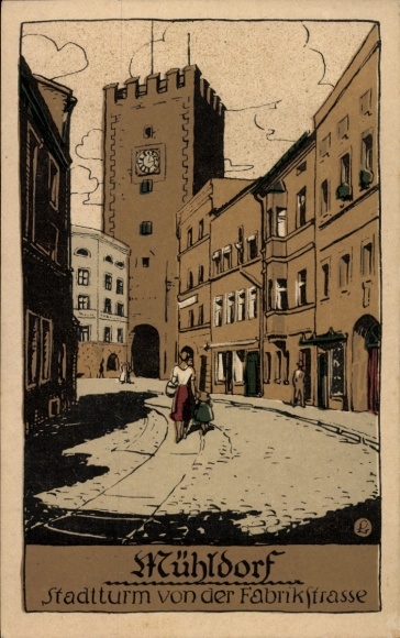 Lithograph, Mühldorf am Inn, Upper Bavaria, town tower, Fabrikstraße