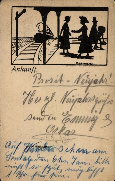 Silhouette by artist Postcard Lewinski, arrival at the train station, steam locomotive, passengers, railway mission