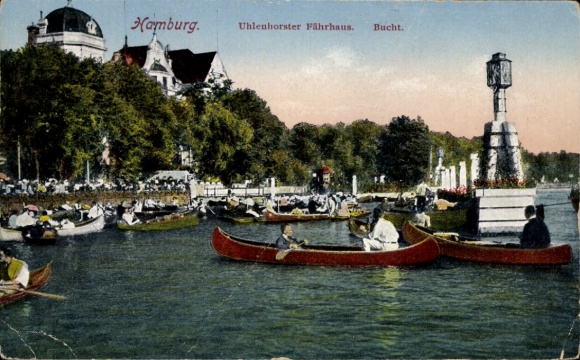 Postcard Hamburg Nord Uhlenhorst, Uhlenhorster Fährhaus, Bucht, Boots auf der Wasser.