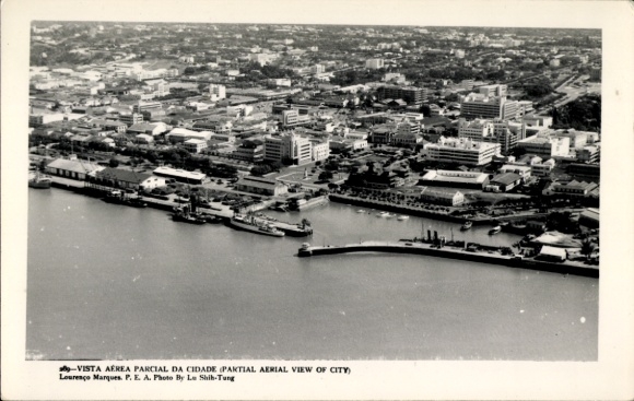 Postcard Maputo Lourenco Marques Mozambique, aerial view of a city, harbor view, ships, buildings