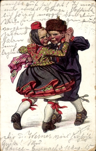 Artist Postcard Beithan, Emil, Dancing couple in Hessian costumes