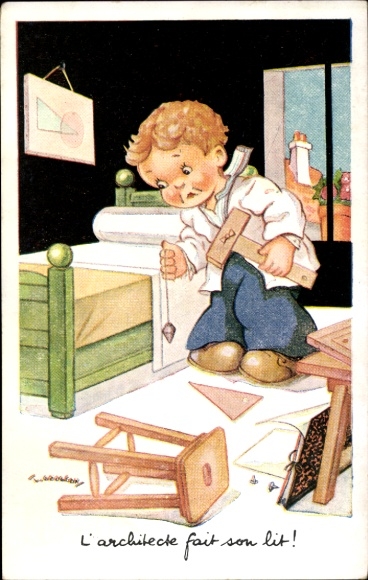 Artist Postcard Gougeon, L'architecte fait son lit