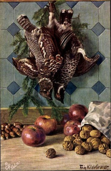 6 artists' PCs in an envelope by Fritz Hildebrandt, still lifes of game and poultry