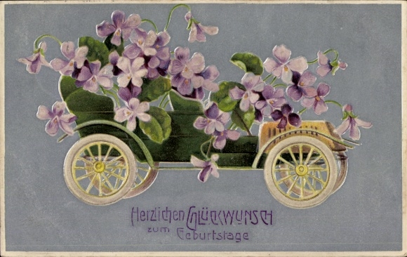 Embossed PC Happy Birthday, automobile decorated with violets
