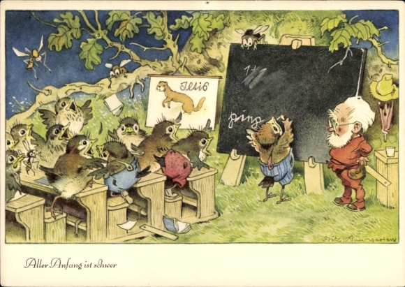 Artist Postcard Baumgarten, Fritz, All Beginnings Are Difficult, Bird School, Dwarf as Teacher