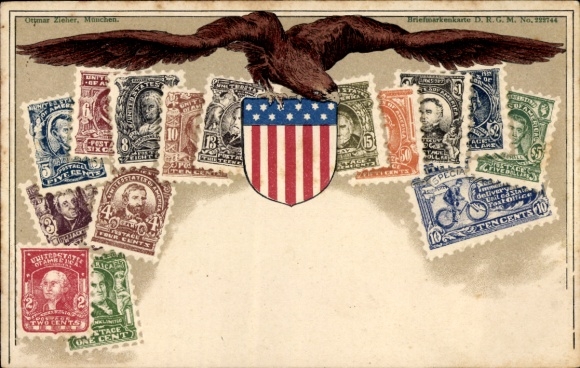 Stamps coat of arms Postcard USA, American flag, eagle