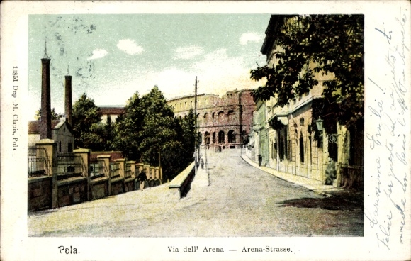Postcard Pola Pula Croatia, colored illustration of a street, arena, trees, buildings, from Pola