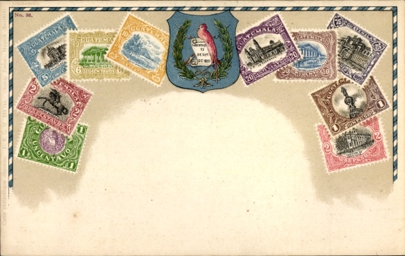 Stamps Postcard Guatemala, coat of arms, pesos, centavos