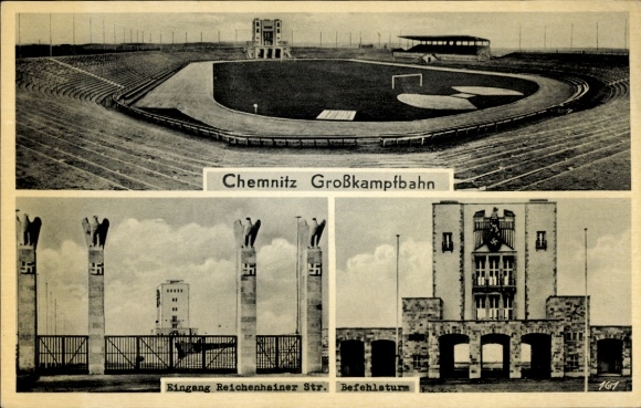Chemnitz University of Technology in Saxony, large sports stadium, entrance Reichenhainerstraße, command tower