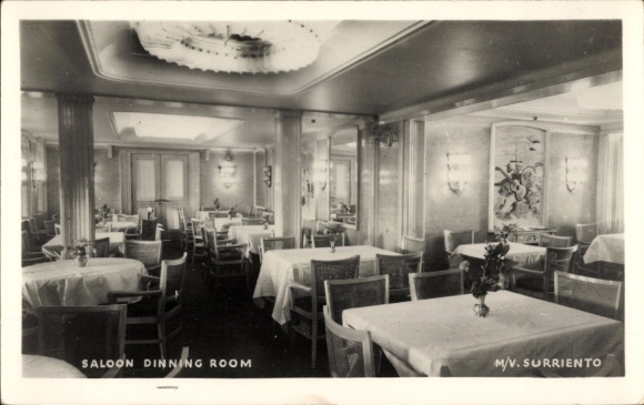 Postcard passenger ship MV Surriento, Flotta Lauro, Saloon Dining Room