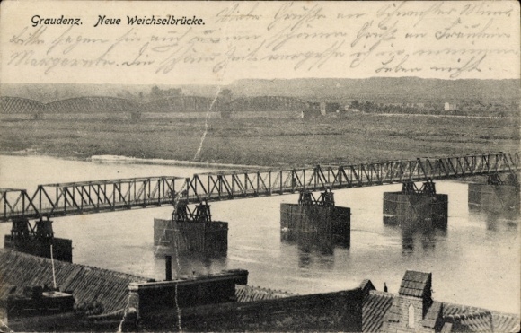 Postcard Grudziądz Graudenz West Prussia, New Vistula Bridge, River, Bridge, Water