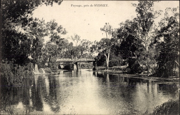 Postcard Sydney Australia, river landscape, bridge, trees, black and white photo