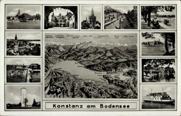 Postcard Konstanz on Lake Constance, map, steamship, partial views