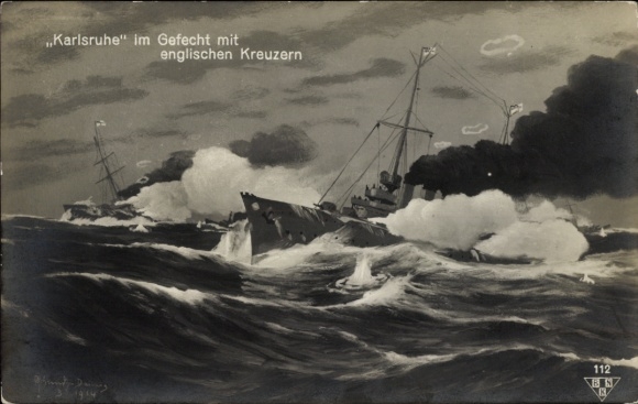 Artist's portrait of the German warship Karlsruhe in combat with English cruisers, BNK 112