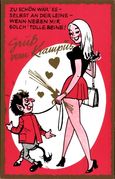 Artist Postcard Krampus on the leash of a blonde in a miniskirt, legs, breasts