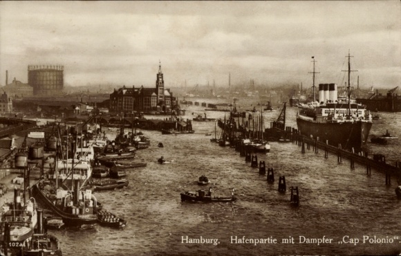 Hamburg harbor scene, HSDG steamer Cap Polonio, fast steamer