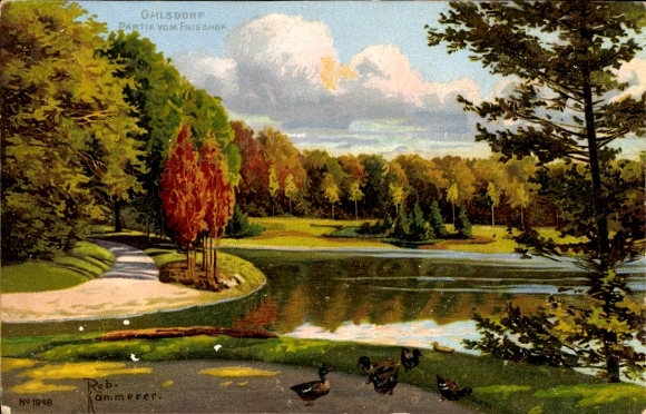 Artist Postcard Kämmerer, Rob., Hamburg Ohlsdorf, Park landscape of the cemetery, ducks