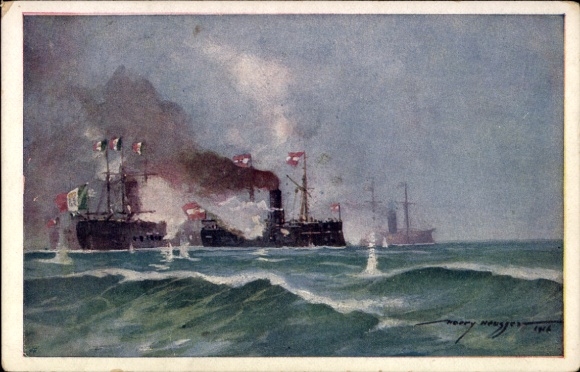 Artist Postcard Heusser, Harry, Austrian warship, SMS Erzh. Ferdinand Max, near Lissa