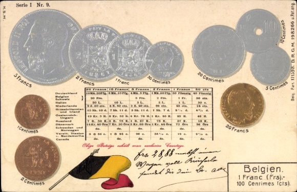 Embossed Postcard Belgium, flag, currency, coins