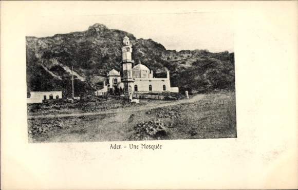 Postcard Aden Yemen, mosque in mountain landscape, black and white photo