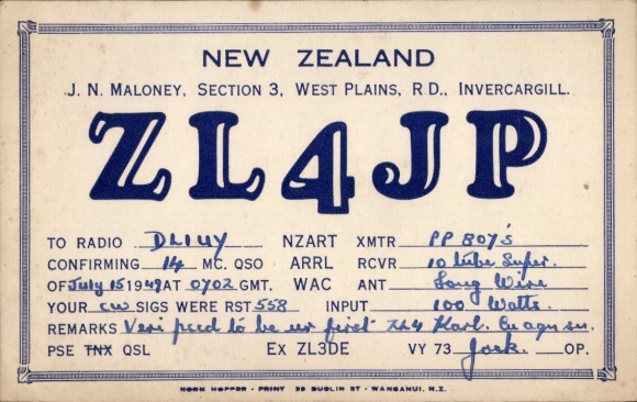 Postcard QSL radio operator card ZL4JP, New Zealand, JN Maloney, West Plains, RD Invercargill