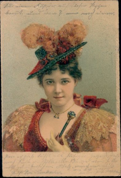 Glitter lithograph portrait of a woman, hat with feathers