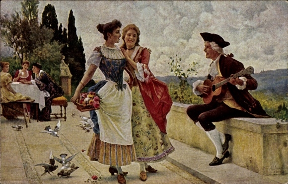 Artist Postcard Andreotti, F., Two Music Enthusiastic Ladies, Guitar Playing, A Cheeky Song