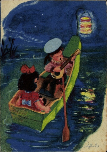 Artist Postcard Children's couple in a rowboat, boy with sailor hat and lute, lantern