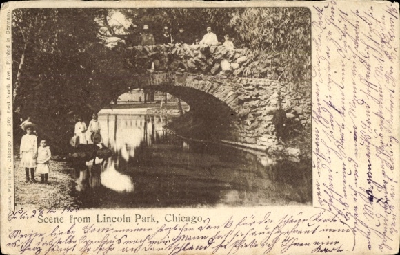 Postcard Chicago Illinois USA, scene from Lincoln Park, bridge, people, water