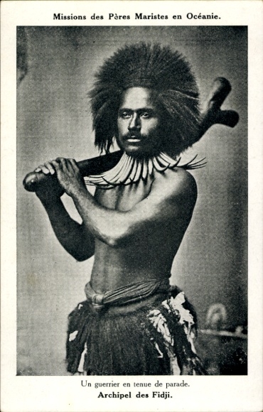 Postcard Fiji, Fijian with War Club, male portrait