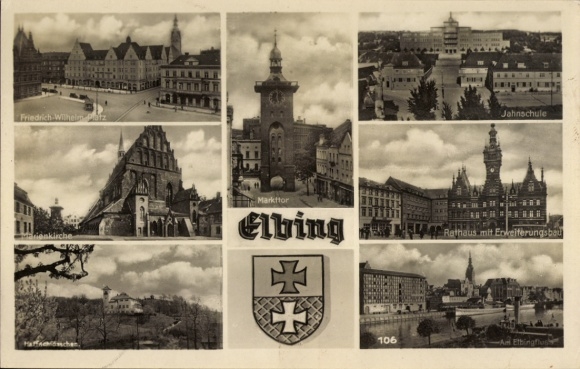Postcard Elbląg Elbing West Prussia, Friedrich-Wilhelm Platz, Jahnschule, Markttor, Rathaus