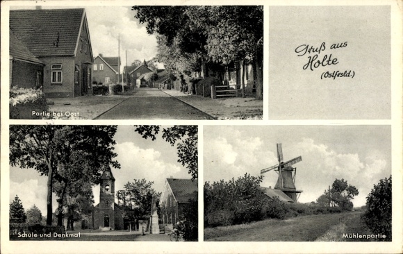Postcard Holte Rhauderfehn Leer, Partie near Oost, School, Monument, Mill Party