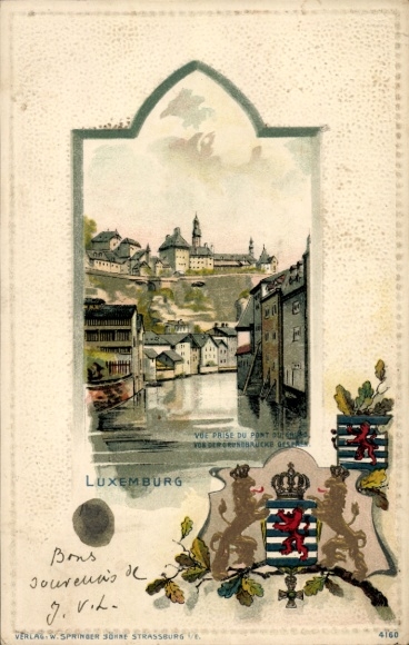 Embossed coat of arms passepartout lithograph Luxembourg, View of the Grund bridge, From the Grund bridge