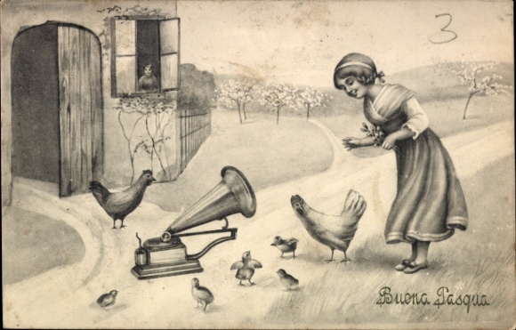 Artist Ak, Easter greetings, girl, chick, gramophone