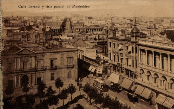 Postcard Montevideo Uruguay, Calle Sarandi, partial view of cityscape, street view