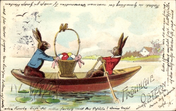 Chromo-Litho Happy Easter, Easter bunny in rowing boat, Easter eggs ...