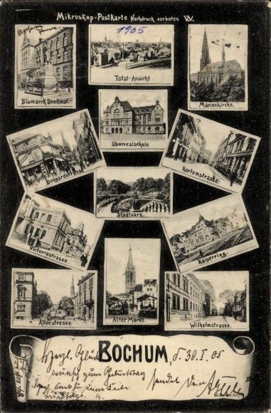 Bochum in the Ruhr area, Bismarck Monument, St. Mary's Church, Oberrealschule (higher secondary school), Kortumstraße, market