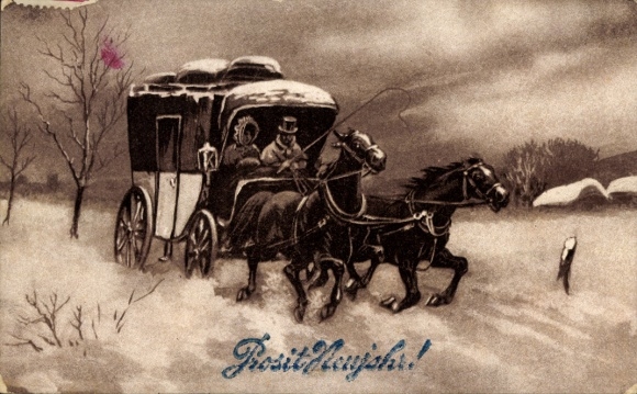 Postcard Congratulations New Year, carriage, snow