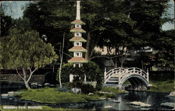 Postcard Honolulu Hawaii USA, Moanalua Park, Pagoda, Bridge