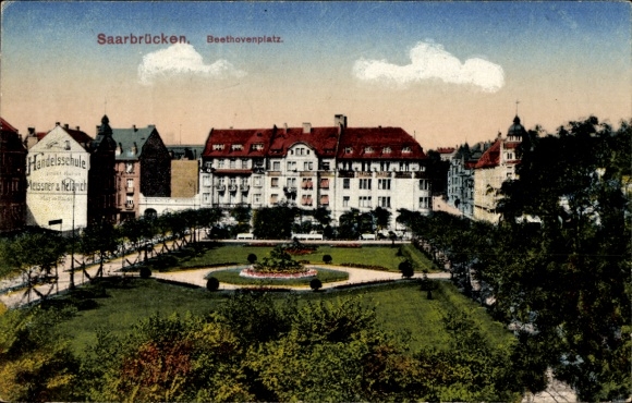 Saarbrücken in Saarland, Beethovenplatz, commercial school, flower bed, trees