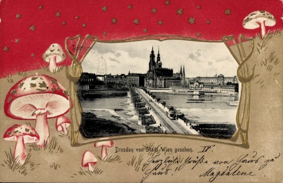 Embossed Passepartout Postcard Dresden Old Town, Panorama, View from City of Vienna