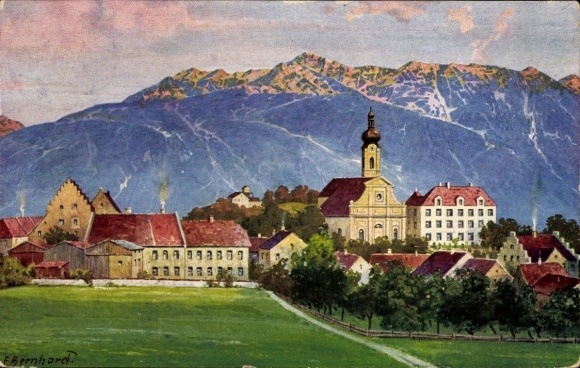 Artist Postcard Bernhard, Murnau am Staffelsee in Upper Bavaria, village, church