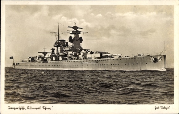 Postcard German warship, Panzerschiff Admiral Scheer, Kriegsmarine