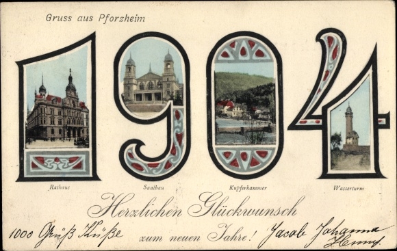 PC Pforzheim im Schwarzwald, town hall, hall building, copper hammer, water tower, year 1904