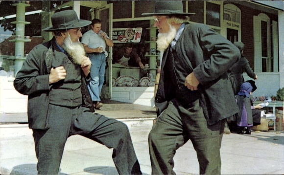 Pennsylvania USA, Amish Country, two Amish men talking, business