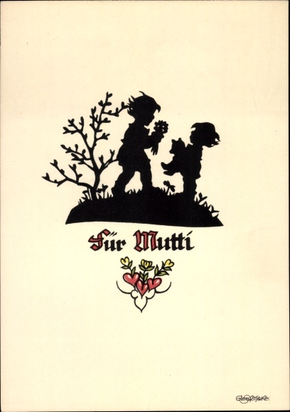 Paper cut Postcard Plischke, Georg, congratulations on Mother's Day, children, flowers