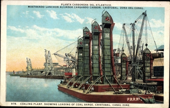 Postcard Cristóbal Panama, coal loading facility, canal zone, ships, cranes